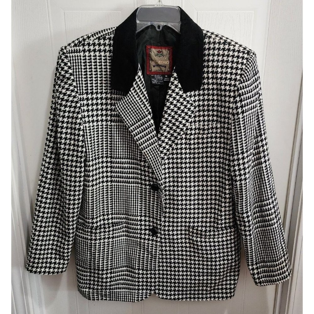 Vtg 80s Ventura Women’s Blazer Jacket Wool Blend Suede Collar Houndstooth Size M